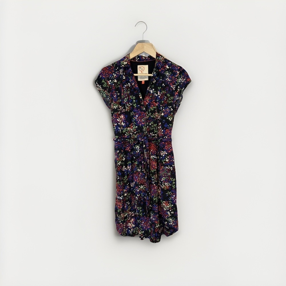 Anthropologie Women 10P Black Dress  Mini Floral Button Front Cottagecore Boho